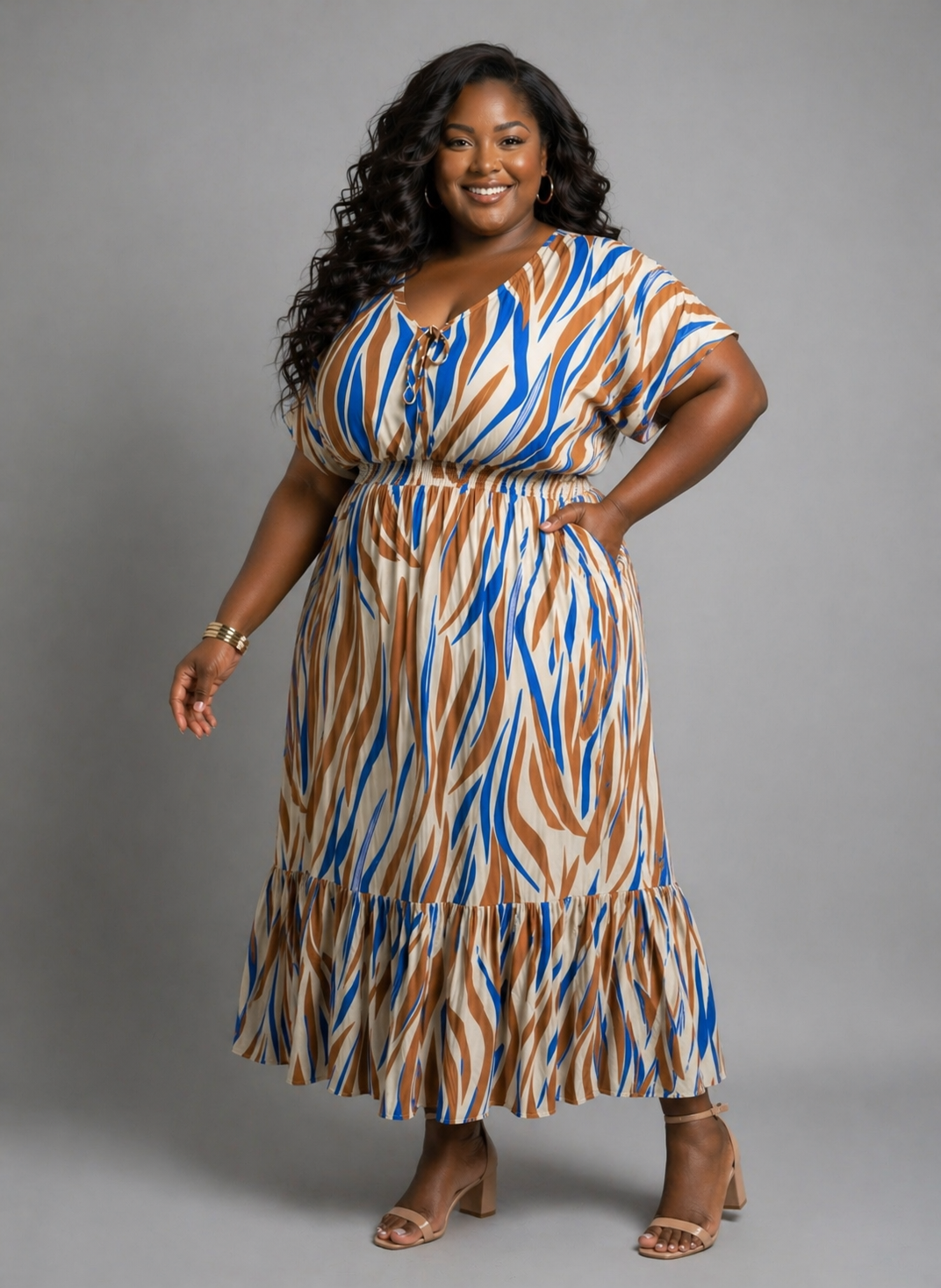Golden Drift Zebra Print Maxi Dress