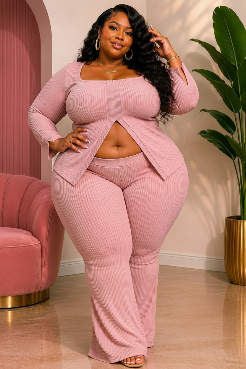 The Blush & Beyond Ribbed Lounge Set With Slit Detail