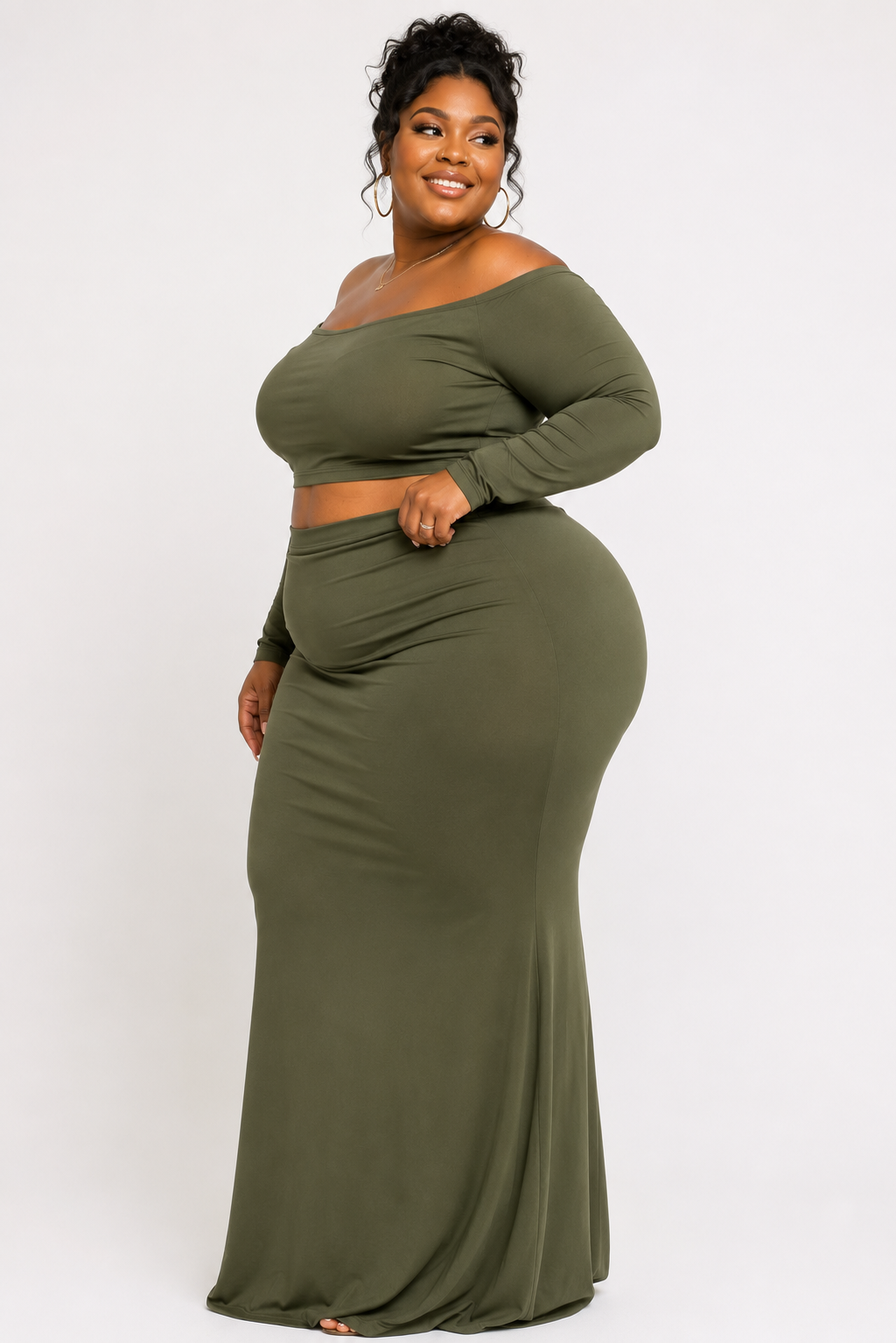Olive Allure Shoulder Off Top & Skirt Set