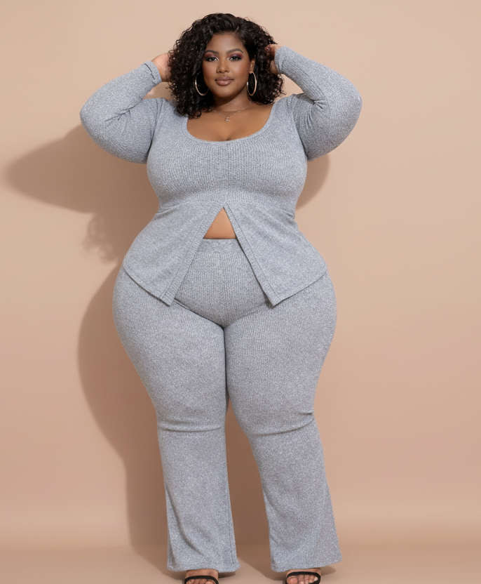 Cozy Curve Ribbed Pant Set With Slit Detail