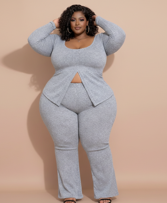 Cozy Curve Ribbed Pant Set With Slit Detail