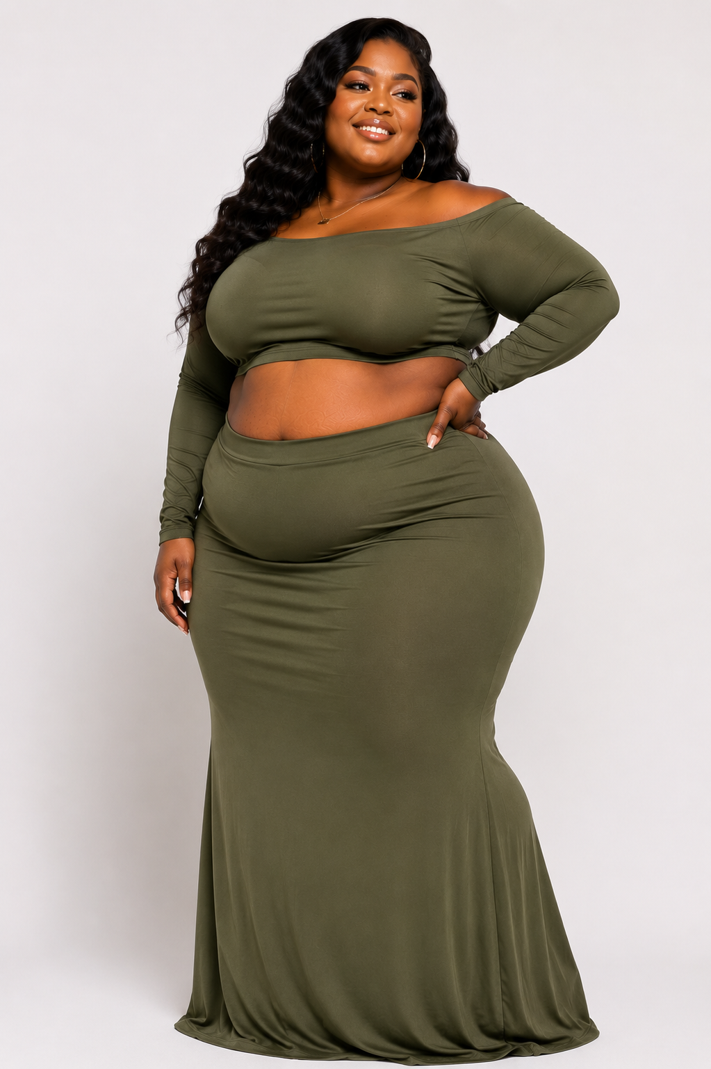 Olive Allure Shoulder Off Top & Skirt Set
