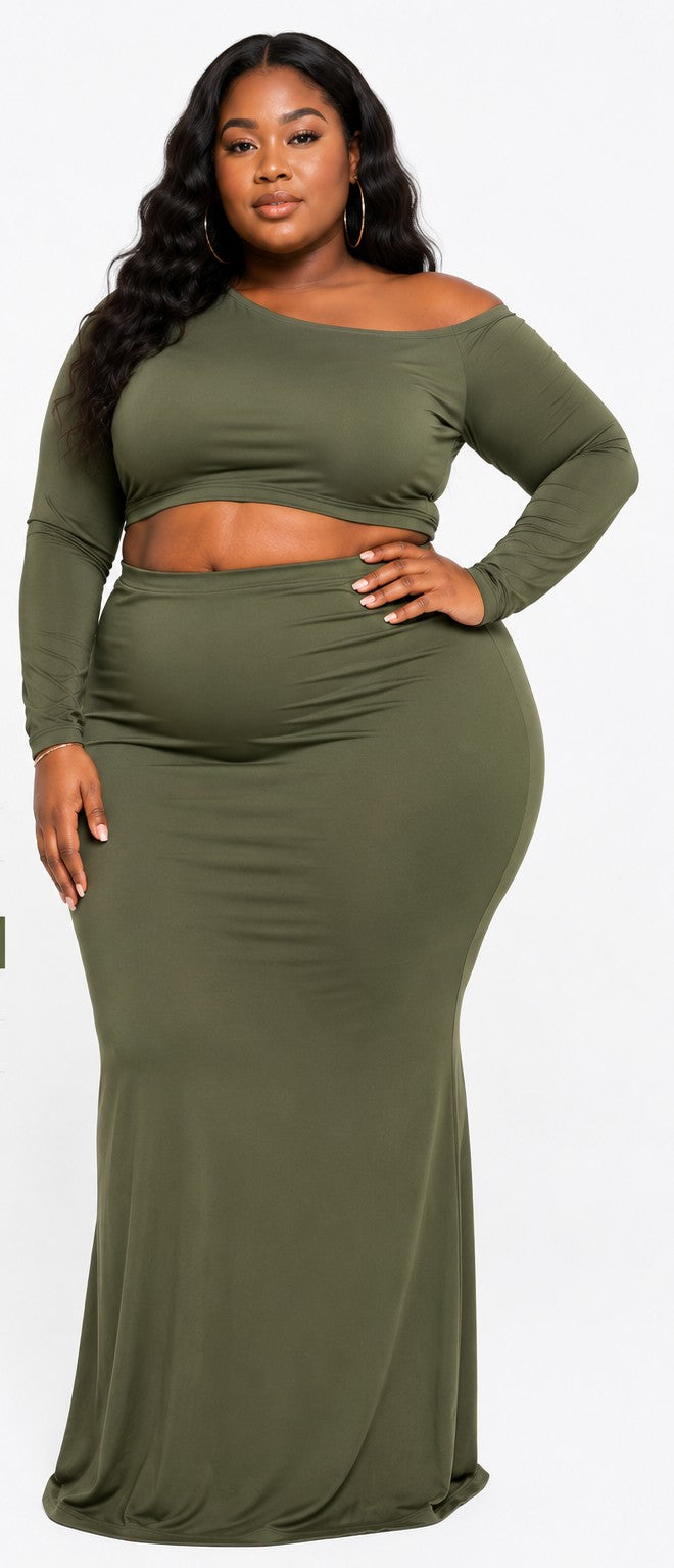Olive Allure Shoulder Off Top & Skirt Set
