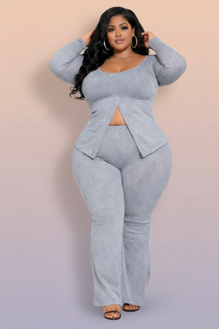 Cozy Curve Ribbed Pant Set With Slit Detail