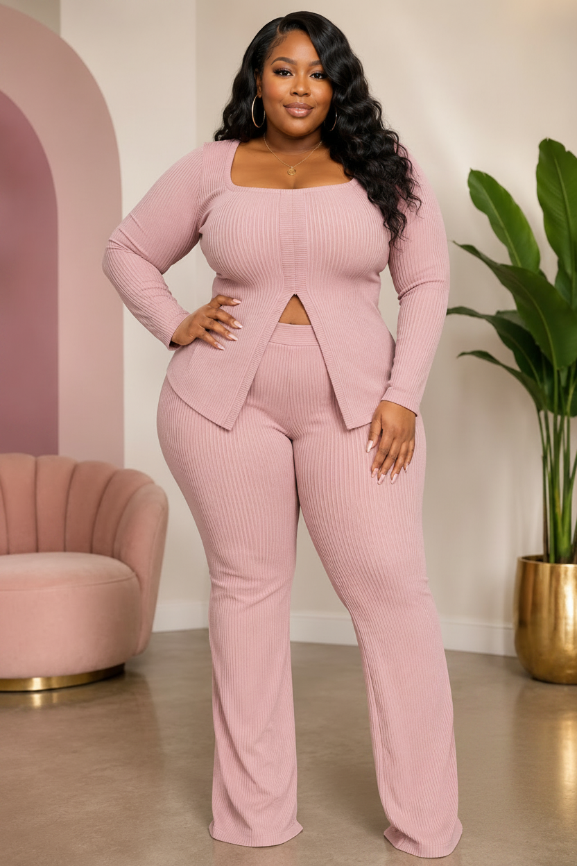 The Blush & Beyond Ribbed Lounge Set With Slit Detail